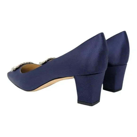 Manolo Blahnik Okkato Jeweled Buckle Crepe de Chine Low Heel Pump Navy 39.5 | 9 - Picture 5 of 12